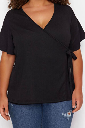 Moda Büyük Beden Kruvaze Örme Fit Düz Desen Casual Günlük Regular Kısa Kol Bluz