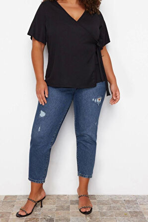 Moda Büyük Beden Kruvaze Örme Fit Düz Desen Casual Günlük Regular Kısa Kol Bluz