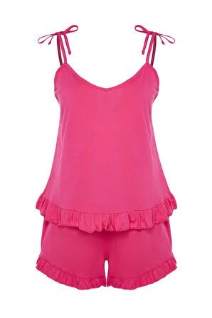 Tarz Rahat Büyük Beden Uzun Kollu Geniş Paça Fırfır Detaylı Askılı Örme Pijama Takımı