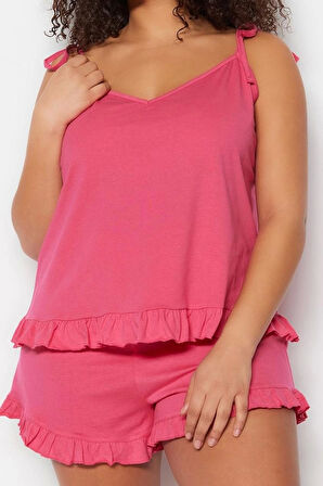 Tarz Rahat Büyük Beden Uzun Kollu Geniş Paça Fırfır Detaylı Askılı Örme Pijama Takımı