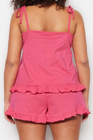 Tarz Rahat Büyük Beden Uzun Kollu Geniş Paça Fırfır Detaylı Askılı Örme Pijama Takımı