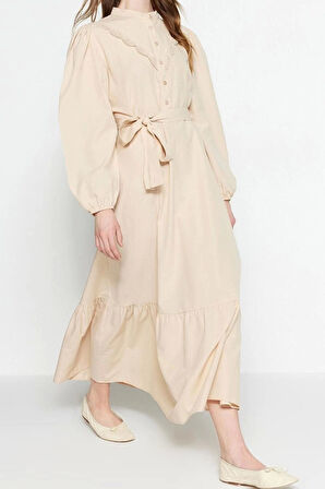 Moda Regular Casual Günlük Terrycotton Dokuma Bisiklet Yaka Uzun Kol A-Line Maxi Boy Tesettür Elbise