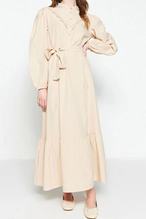 Moda Regular Casual Günlük Terrycotton Dokuma Bisiklet Yaka Uzun Kol A-Line Maxi Boy Tesettür Elbise