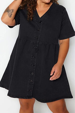 Moda Rahat Casual Günlük Comfort Denim V Yaka Kısa Kol A-Line Mini Boy Büyük Beden Elbise