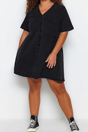 Moda Rahat Casual Günlük Comfort Denim V Yaka Kısa Kol A-Line Mini Boy Büyük Beden Elbise