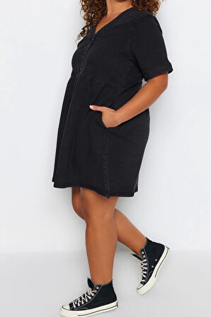 Moda Rahat Casual Günlük Comfort Denim V Yaka Kısa Kol A-Line Mini Boy Büyük Beden Elbise