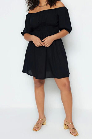 Moda Rahat Casual Günlük Shally Dokuma Carmen Yaka Kısa Kol Skater Mini Boy Büyük Beden Elbise