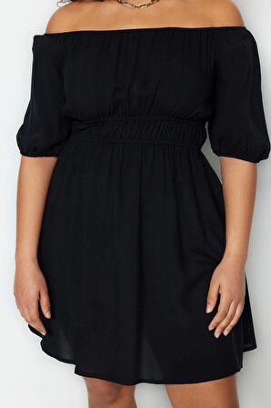 Moda Rahat Casual Günlük Shally Dokuma Carmen Yaka Kısa Kol Skater Mini Boy Büyük Beden Elbise