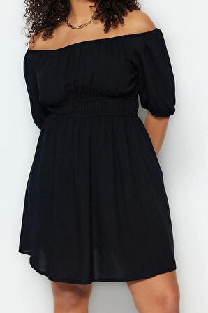 Moda Rahat Casual Günlük Shally Dokuma Carmen Yaka Kısa Kol Skater Mini Boy Büyük Beden Elbise