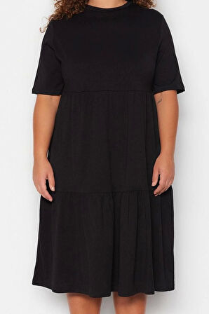 Moda Stil Relaxed Bisiklet Yaka Midi Boy Büyük Beden Volanlı %100 Pamuk Örme Elbise