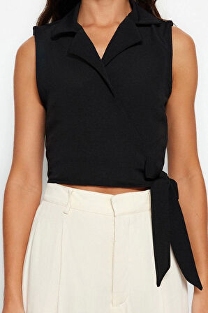 Moda Ceket Yaka Dokuma Fit Düz Desen Şık gece Crop Kolsuz Bluz