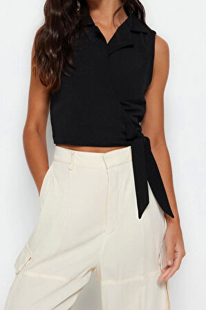 Moda Ceket Yaka Dokuma Fit Düz Desen Şık gece Crop Kolsuz Bluz