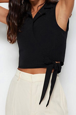 Moda Ceket Yaka Dokuma Fit Düz Desen Şık gece Crop Kolsuz Bluz