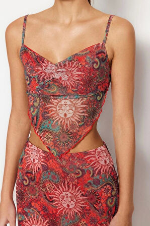 Moda Degaje Yaka Örme Slim Geometrik Desen Casual Günlük Crop Askılı Kol Bluz