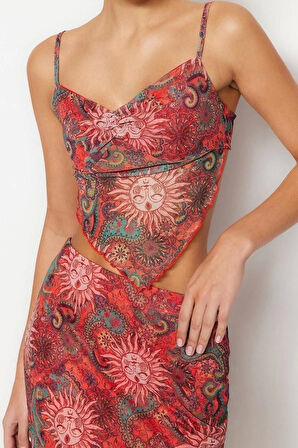 Moda Degaje Yaka Örme Slim Geometrik Desen Casual Günlük Crop Askılı Kol Bluz