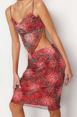 Moda Degaje Yaka Örme Slim Geometrik Desen Casual Günlük Crop Askılı Kol Bluz