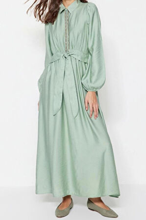 Moda Regular Günlük Keten Aerobin Dokuma Bisiklet Yaka Uzun Kol A-Line Maxi Boy Tesettür Elbise