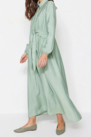 Moda Regular Günlük Keten Aerobin Dokuma Bisiklet Yaka Uzun Kol A-Line Maxi Boy Tesettür Elbise