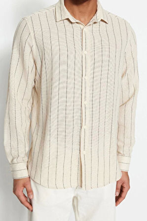 Moda Erkek Gömlek Yaka Dokulu Desen Günlük Çizgili Regular Fit Dokulu Gömlek