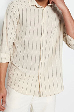 Moda Erkek Gömlek Yaka Dokulu Desen Günlük Çizgili Regular Fit Dokulu Gömlek