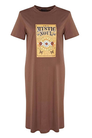 Moda Rahat Casual Günlük Süprem Örme Bisiklet Yaka Kısa Kol Shift Midi Boy Büyük Beden Elbise