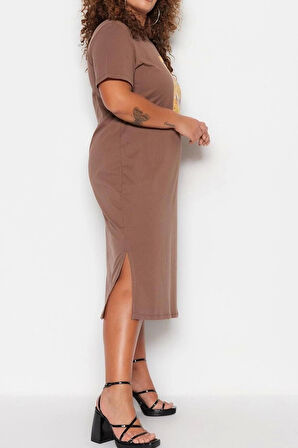 Moda Rahat Casual Günlük Süprem Örme Bisiklet Yaka Kısa Kol Shift Midi Boy Büyük Beden Elbise