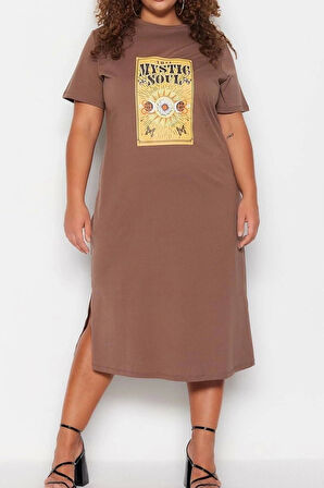 Moda Rahat Casual Günlük Süprem Örme Bisiklet Yaka Kısa Kol Shift Midi Boy Büyük Beden Elbise