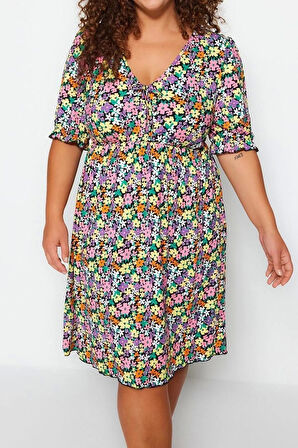 Moda Slim Casual Günlük Kaşkorse Örme V Yaka Kısa Kol Skater Mini Boy Büyük Beden Elbise