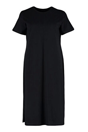 Moda Rahat Casual Günlük Süprem Örme Bisiklet Yaka Kısa Kol Shift Midi Boy Büyük Beden Elbise