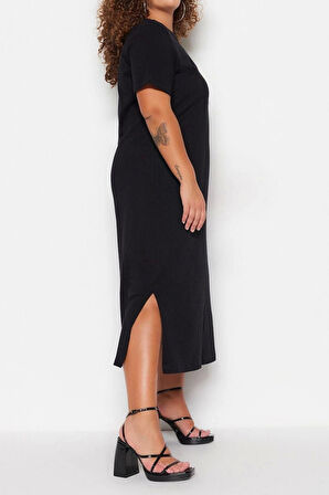 Moda Rahat Casual Günlük Süprem Örme Bisiklet Yaka Kısa Kol Shift Midi Boy Büyük Beden Elbise