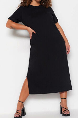 Moda Rahat Casual Günlük Süprem Örme Bisiklet Yaka Kısa Kol Shift Midi Boy Büyük Beden Elbise