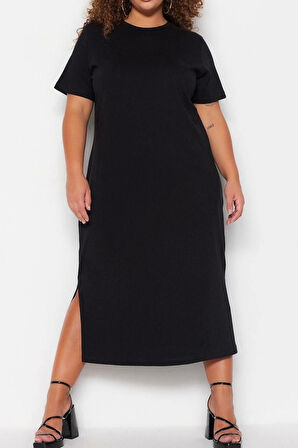 Moda Rahat Casual Günlük Süprem Örme Bisiklet Yaka Kısa Kol Shift Midi Boy Büyük Beden Elbise