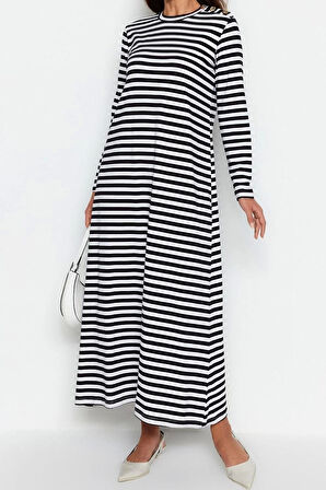 Moda Regular Casual Günlük Ringel Örme Dik Yaka Uzun Kol Basic Maxi Boy Tesettür Elbise