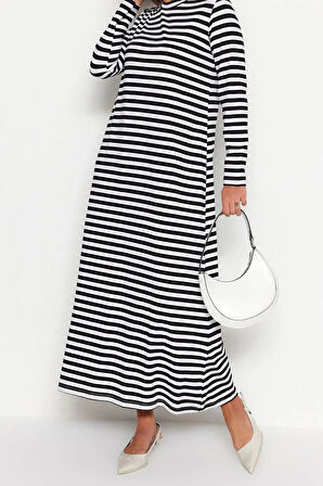 Moda Regular Casual Günlük Ringel Örme Dik Yaka Uzun Kol Basic Maxi Boy Tesettür Elbise