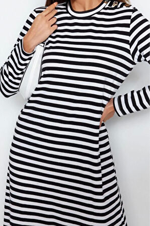 Moda Regular Casual Günlük Ringel Örme Dik Yaka Uzun Kol Basic Maxi Boy Tesettür Elbise