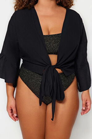 Moda Büyük Beden V Yaka Dokuma Fit Düz Desen Plaj Crop Uzun Kol Bluz