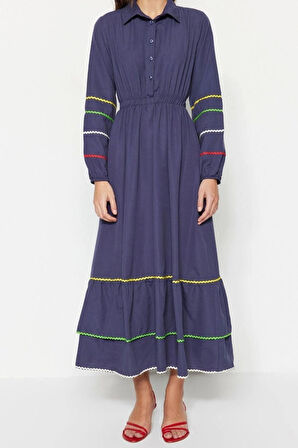 Moda Regular Casual Günlük Terrycotton Dokuma Gömlek Yaka Uzun Kol Basic Maxi Boy Tesettür Elbise