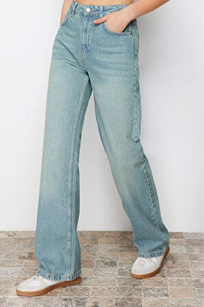 Stil Kadın Moda Denim Kot Pantolon Uzun Geniş Paça Mavi Soluk Vintage Yüksek Bel Jeans