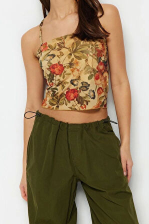 Moda Kare Yaka Örme Slim Çiçekli Desen Casual Günlük Crop Askılı Kol Bluz