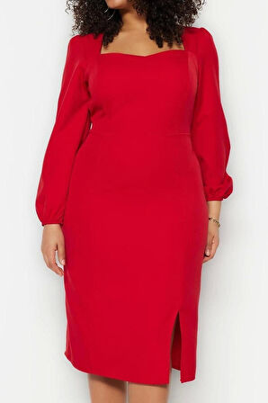 Moda Rahat Gündüz Gece Finike Dokuma Kare Yaka Uzun Kol Shift Midi Boy Büyük Beden Elbise