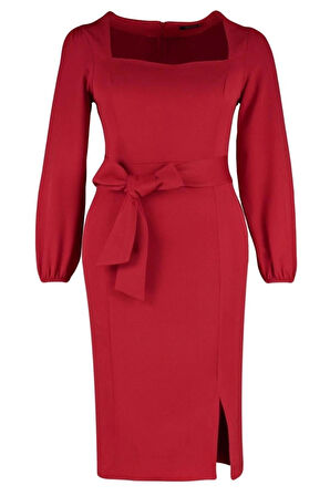 Moda Rahat Gündüz Gece Finike Dokuma Kare Yaka Uzun Kol Shift Midi Boy Büyük Beden Elbise