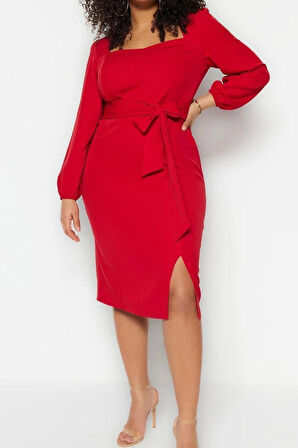 Moda Rahat Gündüz Gece Finike Dokuma Kare Yaka Uzun Kol Shift Midi Boy Büyük Beden Elbise