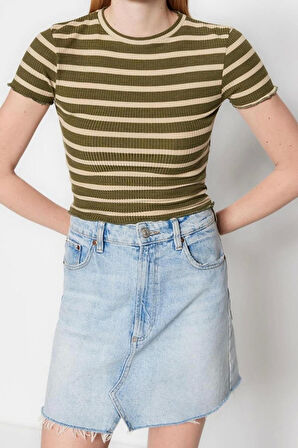 Moda Bisiklet Yaka Örme Slim Çizgili Desen Casual Günlük Crop Kısa Kol Bluz