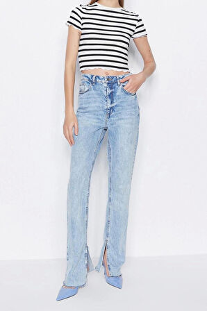 Moda Bisiklet Yaka Örme Slim Çizgili Desen Casual Günlük Crop Kısa Kol Bluz
