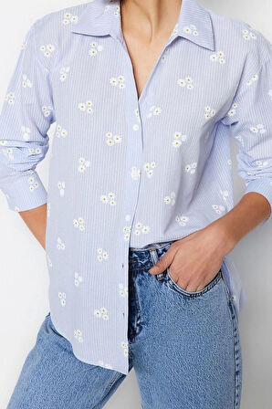 Moda Kadın Çiçekli Desen Günlük Çizgili Çiçek Desenli Pamuklu Oversize Geniş Kalıpl Dokuma Gömlek