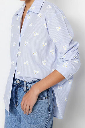 Moda Kadın Çiçekli Desen Günlük Çizgili Çiçek Desenli Pamuklu Oversize Geniş Kalıpl Dokuma Gömlek