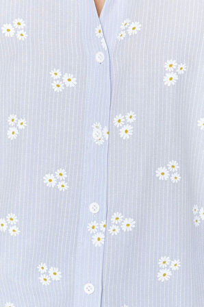 Moda Kadın Çiçekli Desen Günlük Çizgili Çiçek Desenli Pamuklu Oversize Geniş Kalıpl Dokuma Gömlek