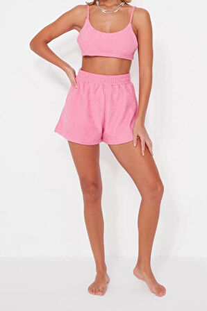 Moda Örme Düz Bisiklet Yaka Plaj Fuşya Örme Havlu Bluz Şort Takım