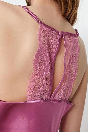 Tarz Rahat Kolsuz Kol Boru Paça Dantel Detaylı İp Saten Dokuma Pijama Takımı