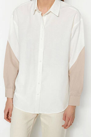 Moda Kadın Gömlek Yaka Düz Desen Günlük Renk Bloklu Boyfriend Geniş Kalıp Dokuma Gömlek